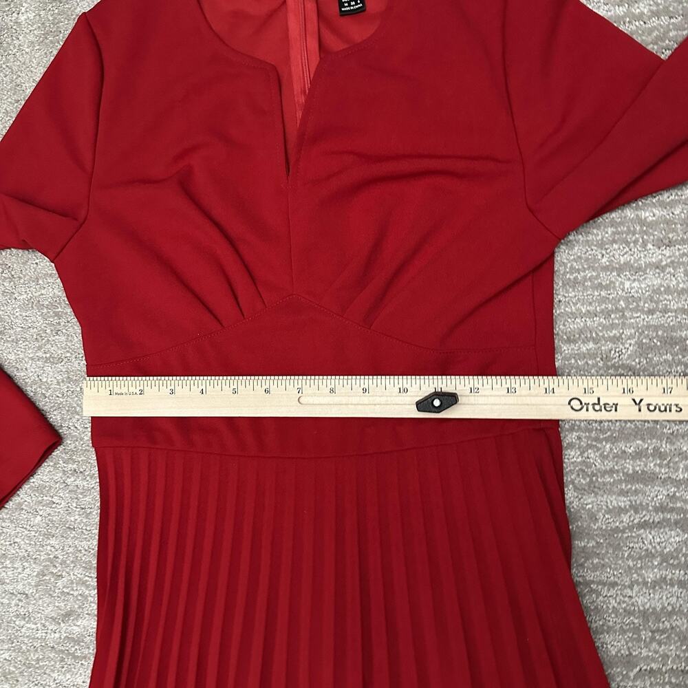 SHEIN Dress Womens Medium 6 Red Pleated Midi V Notch Back Zip Holiday Christmas - Picture 9 of 12